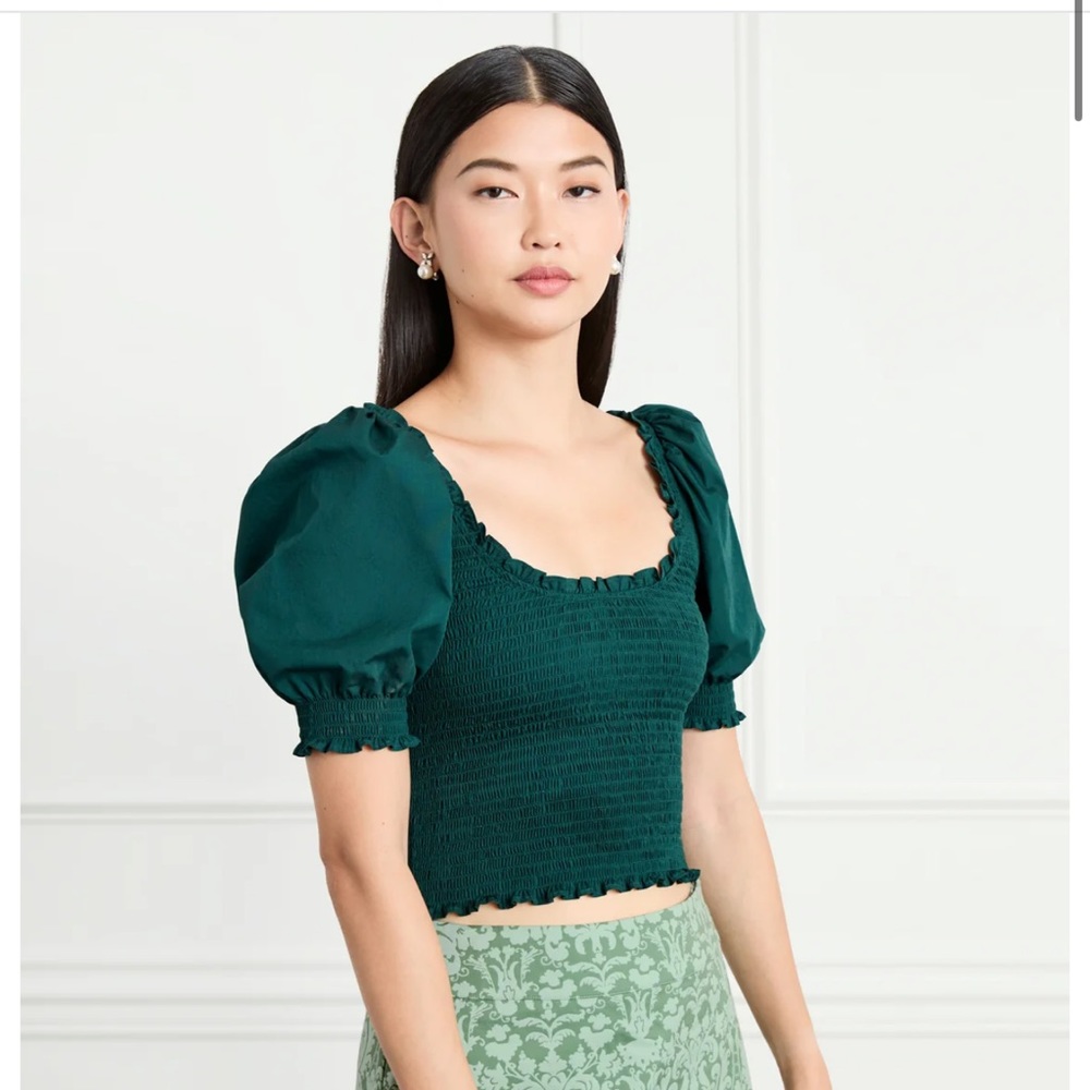 Hill House Dark Green Smocked Puff Sleeve Top
